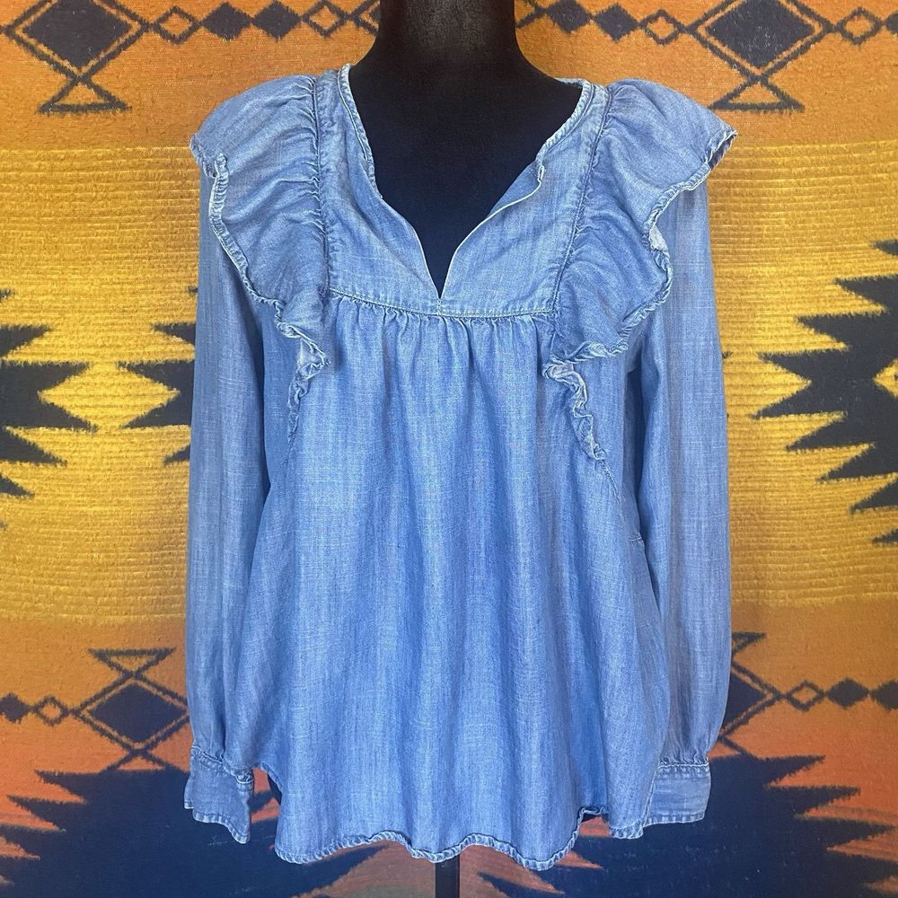 Gap Denim Lyocell Long Sleeve Flowy Blouse. Lightweight. Ruffles. Medium. Boho.